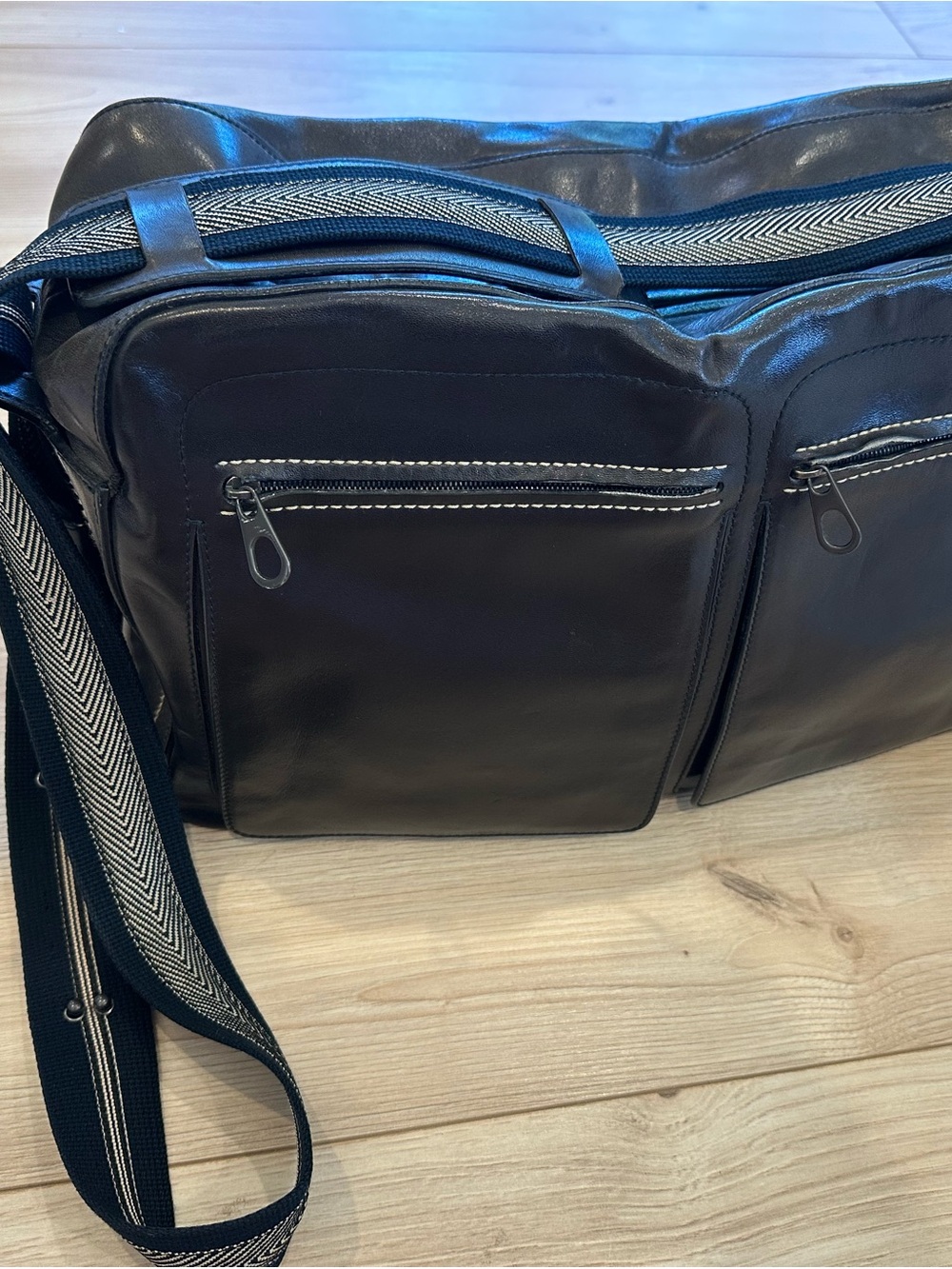 Bottega Veneta Black Leather Crossbody with Striped Strap